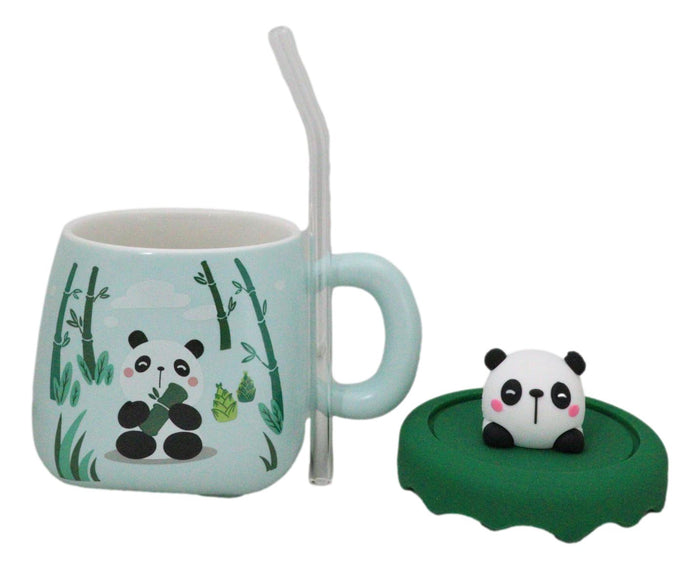 Ebros Gift Cute Panda Bear By Bamboo Forest Green Ceramic Mug With Silicone Lid And Straw