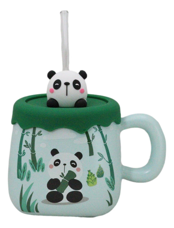 ebros gift Cute Panda Bear By Bamboo Forest Green Ceramic Mug With Silicone Lid And Straw