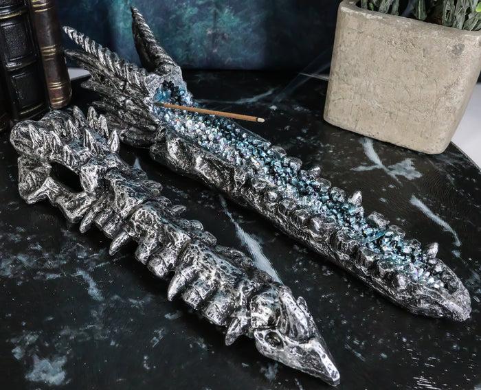 ebros gift Dark Silver Dragon Fossil Skull Skeleton Incense Burner Box With Faux Crystals