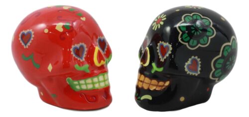 Ebros Gift Day Of The Dead Black And Red Floral Sugar Skulls Salt Pepper Shakers Set