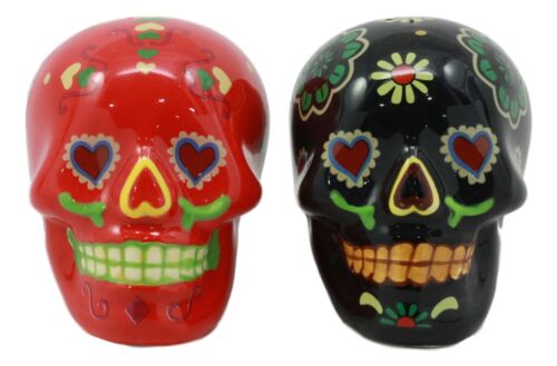 Ebros Gift Day Of The Dead Black And Red Floral Sugar Skulls Salt Pepper Shakers Set