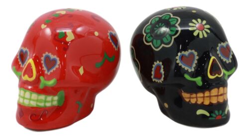 Ebros Gift Day Of The Dead Black And Red Floral Sugar Skulls Salt Pepper Shakers Set