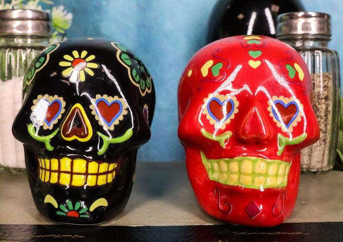 ebros gift Day Of The Dead Black And Red Floral Sugar Skulls Salt Pepper Shakers Set