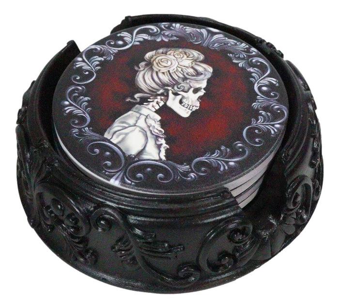 Ebros Gift Day Of The Dead Black Floral Scroll Bridal Skeleton Calaveras Couple Coaster Set