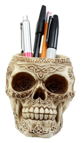 Ebros Gift Day Of The Dead Celtic Tribal Tattoo Skull Pen Stationery Holder Figurine 4.5"L