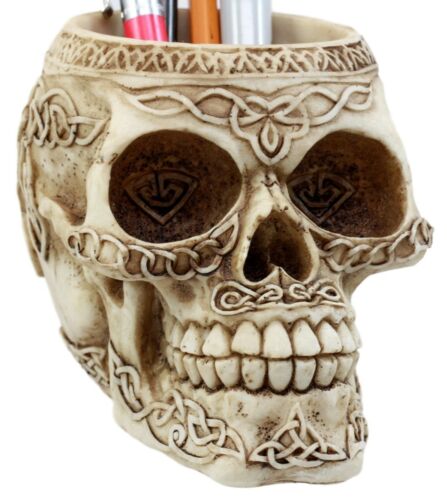 Ebros Gift Day Of The Dead Celtic Tribal Tattoo Skull Pen Stationery Holder Figurine 4.5"L