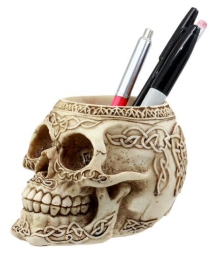 ebros gift Day Of The Dead Celtic Tribal Tattoo Skull Pen Stationery Holder Figurine 4.5"L