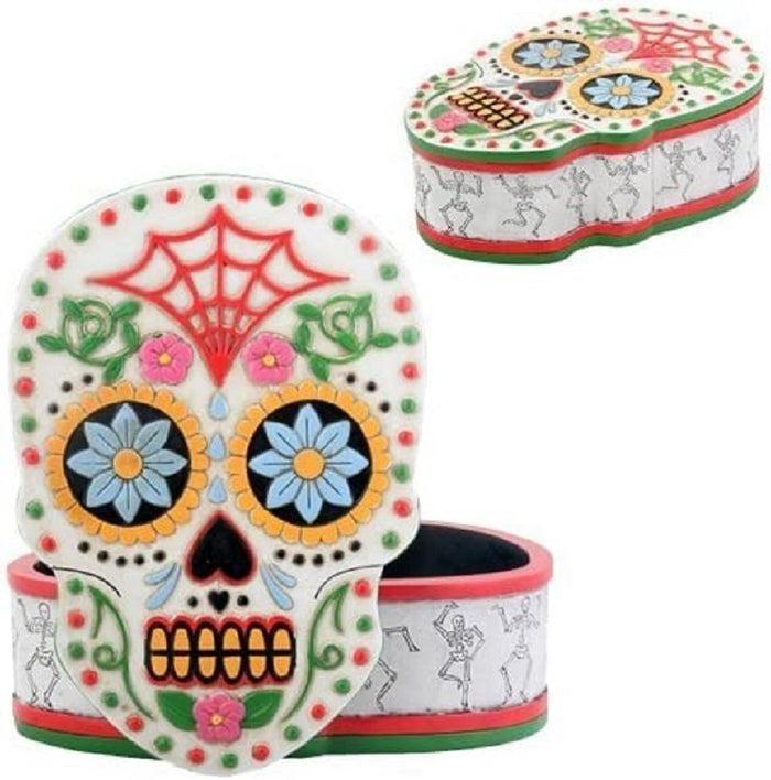 ebros gift Day of the Dead DOD White Sugar Skull Jewelry Trinket Box Figurine 5.5" Long