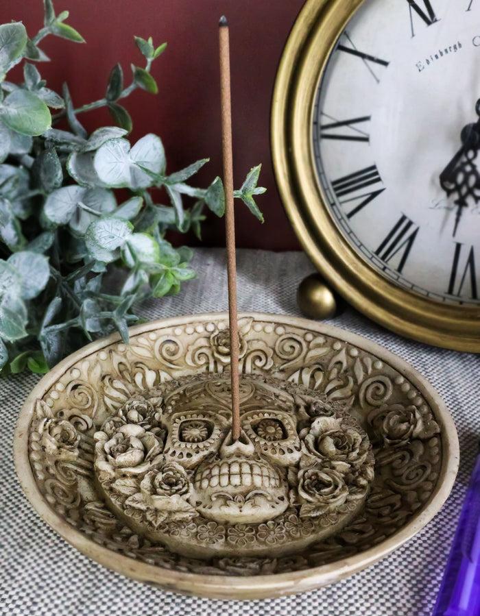 ebros gift Day of The Dead Floral Sugar Skull Incense Burner Holder Medallion Dish Statue