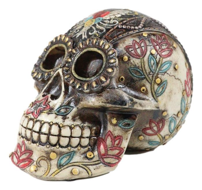 Ebros Gift Day Of The Dead Floral Vines Embroidery Angel Wings Heart Motif Skull Figurine