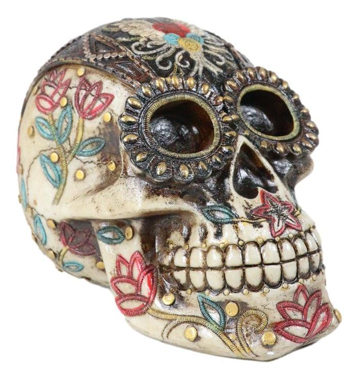 Ebros Gift Day Of The Dead Floral Vines Embroidery Angel Wings Heart Motif Skull Figurine