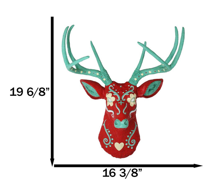 Ebros Gift Day Of The Dead Red Sugar Skull 8 Point Buck Stag Deer Wall Head Bust Decor 20"H