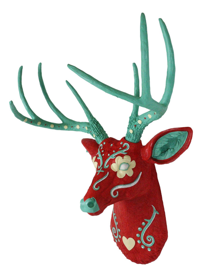 Ebros Gift Day Of The Dead Red Sugar Skull 8 Point Buck Stag Deer Wall Head Bust Decor 20"H