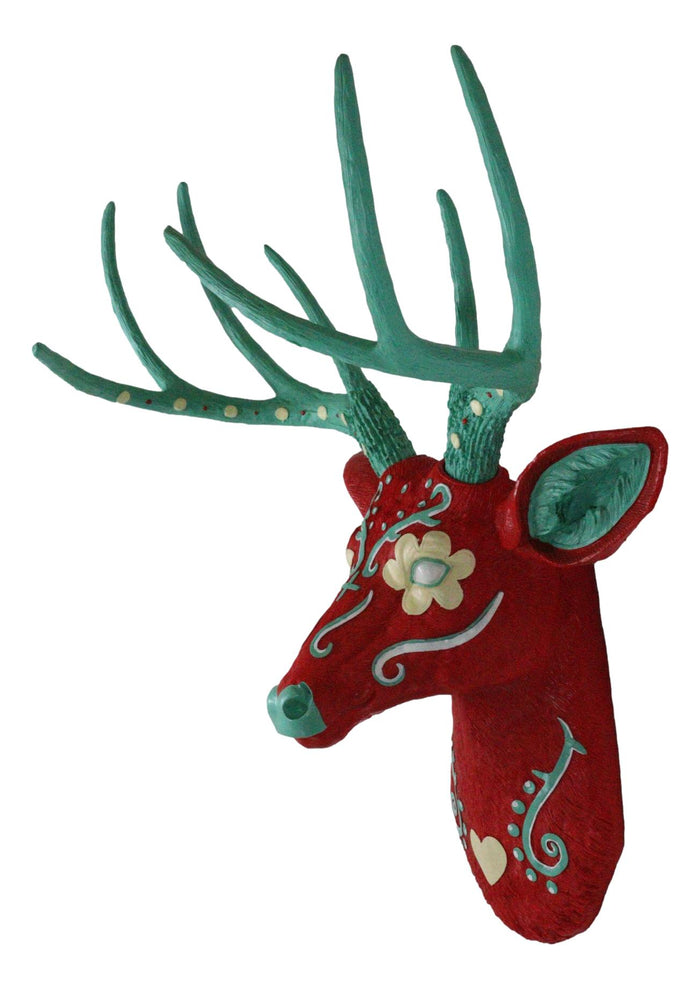 Ebros Gift Day Of The Dead Red Sugar Skull 8 Point Buck Stag Deer Wall Head Bust Decor 20"H