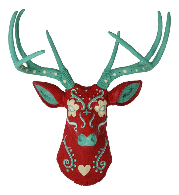 ebros gift Day of The Dead Red Sugar Skull 8 Point Buck Stag Deer Wall Head Bust Decor 20"H