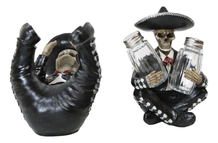 Ebros Gift Day Of The Dead Skeleton Mariachi Band Wine And Salt Pepper Shakers Holder Set