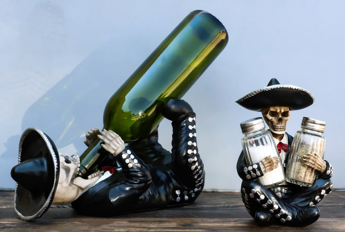 ebros gift Day Of The Dead Skeleton Mariachi Band Wine And Salt Pepper Shakers Holder Set