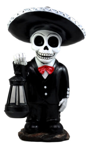 Ebros Gift Day Of The Dead Skeleton Mariachi Singer Statue With Solar Powered Lantern LED