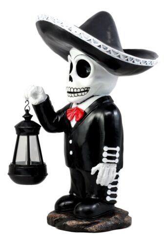 Ebros Gift Day Of The Dead Skeleton Mariachi Singer Statue With Solar Powered Lantern LED