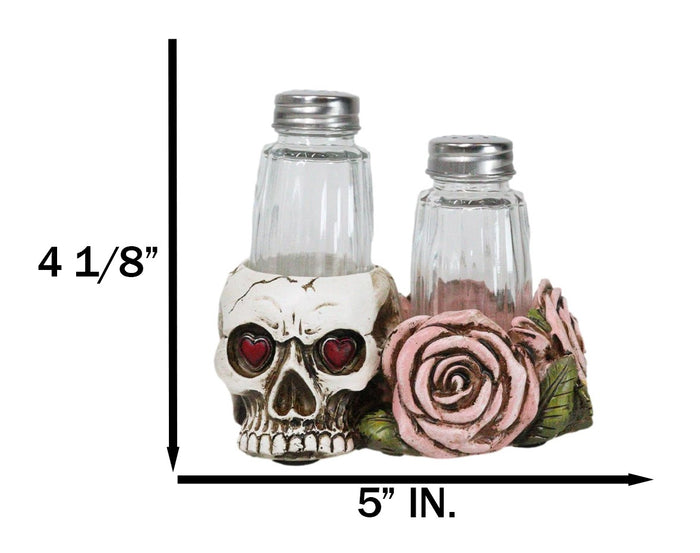 Ebros Gift Day Of The Dead Skull With Red Heart Eyes Pink Roses Salt Pepper Shakers Holder
