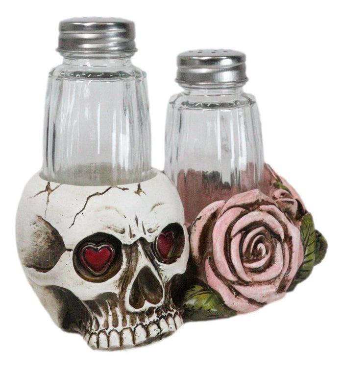 Ebros Gift Day Of The Dead Skull With Red Heart Eyes Pink Roses Salt Pepper Shakers Holder