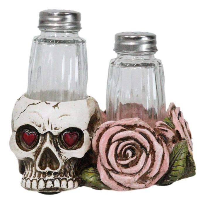 Ebros Gift Day Of The Dead Skull With Red Heart Eyes Pink Roses Salt Pepper Shakers Holder