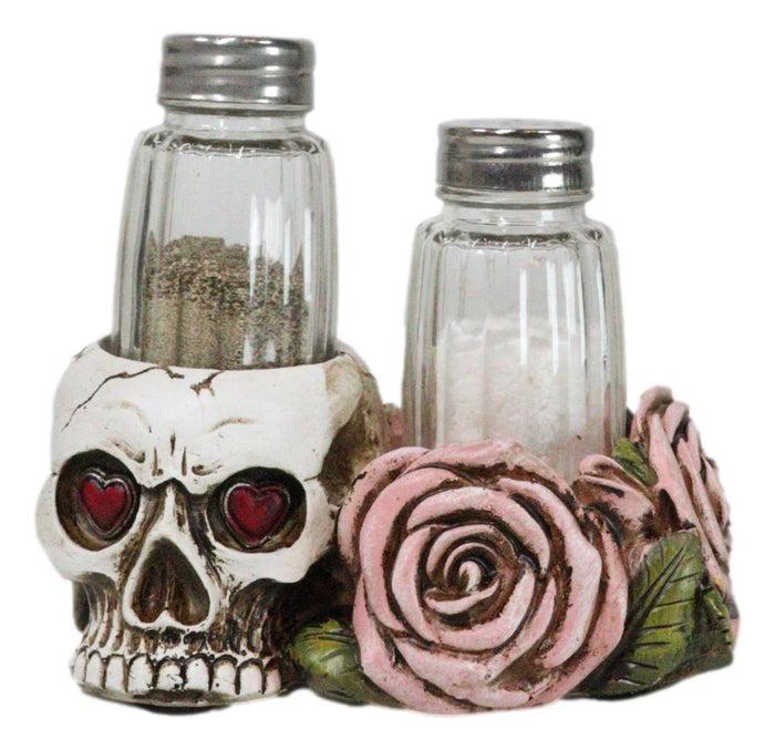 ebros gift Day Of The Dead Skull With Red Heart Eyes Pink Roses Salt Pepper Shakers Holder