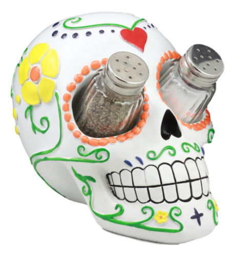 Ebros Gift Day Of The Dead Tattoo White Sugar Skull Salt And Pepper Shakers Holder Figurine