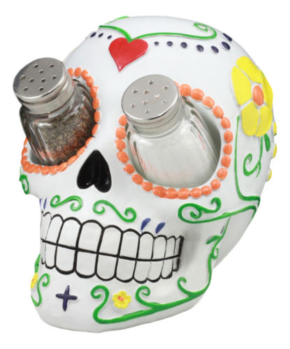 Ebros Gift Day Of The Dead Tattoo White Sugar Skull Salt And Pepper Shakers Holder Figurine