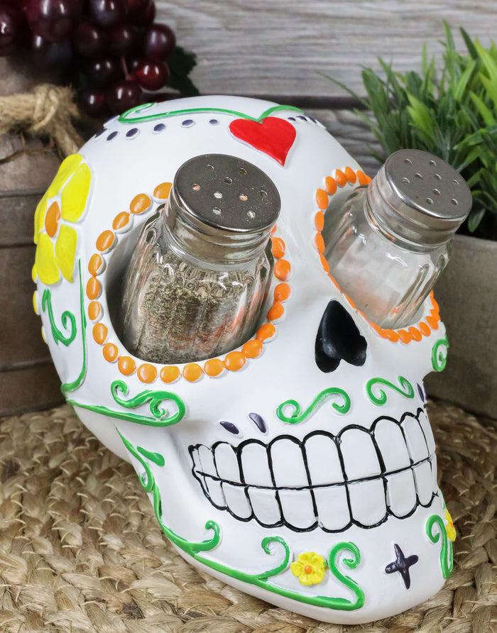 ebros gift Day of The Dead Tattoo White Sugar Skull Salt And Pepper Shakers Holder Figurine