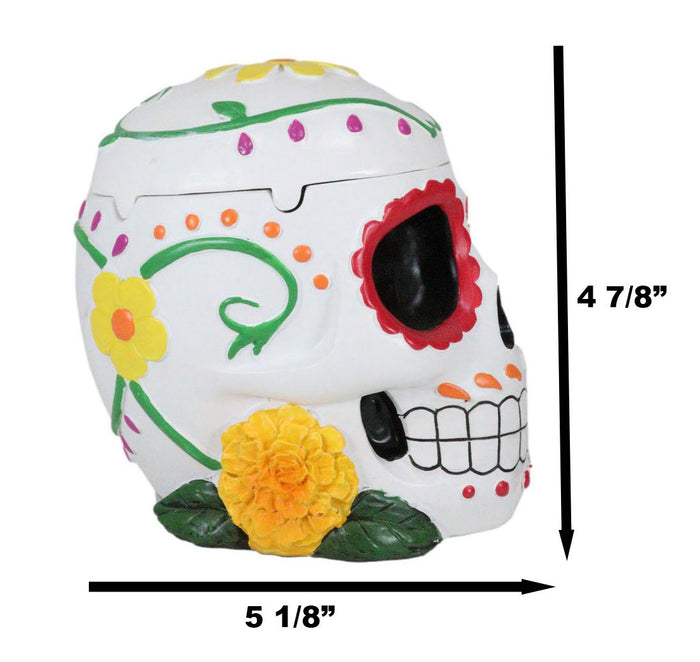 Ebros Gift Day Of The Dead White Tribal Tattoo Sunflowers Sugar Skull Ashtray Box Figurine