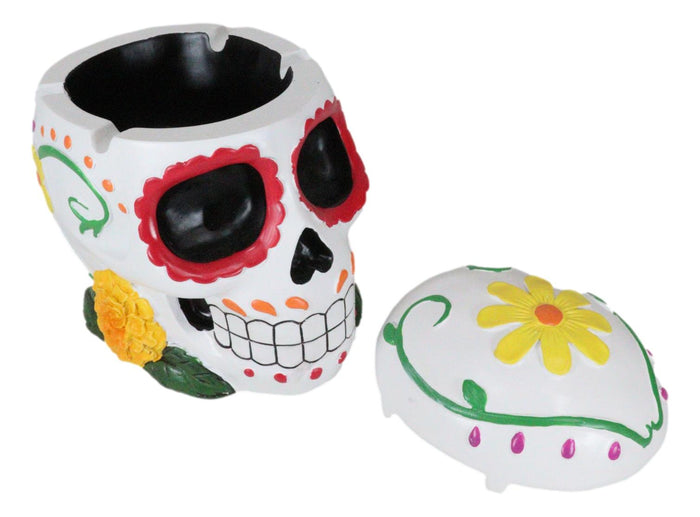 Ebros Gift Day Of The Dead White Tribal Tattoo Sunflowers Sugar Skull Ashtray Box Figurine
