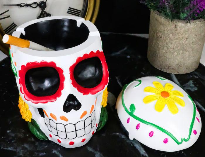 ebros gift Day of The Dead White Tribal Tattoo Sunflowers Sugar Skull Ashtray Box Figurine