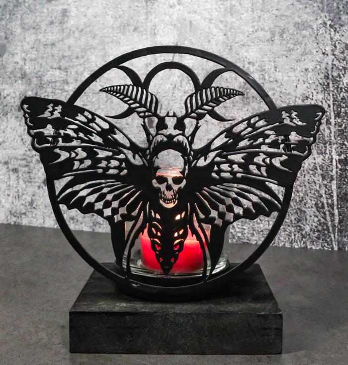 ebros gift Death's Head Skull Moth Triple Moon Coated Metal Votive Tea Light Candle Holder