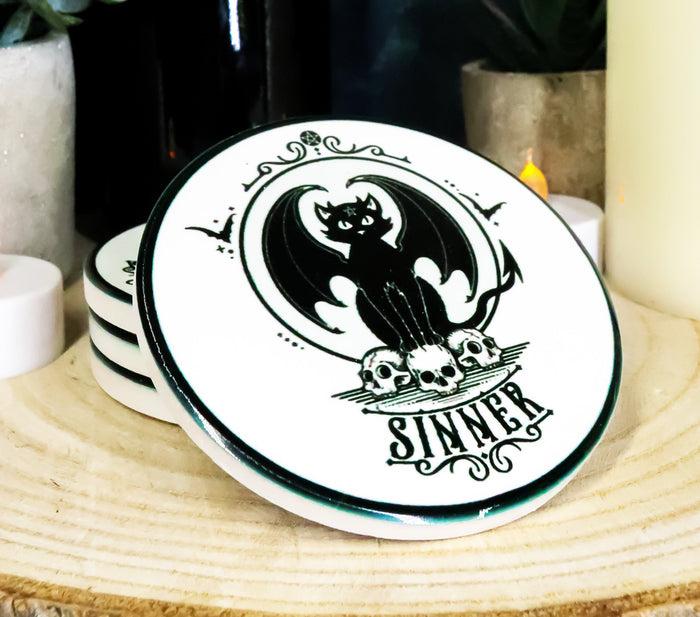 Ebros Gift Devil Black Cat Skulls Sinner Ceramic Coaster Set Of 4 Tiles With Cork Backing