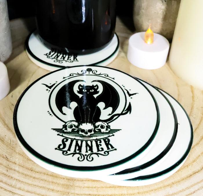ebros gift Devil Black Cat Skulls Sinner Ceramic Coaster Set of 4 Tiles With Cork Backing