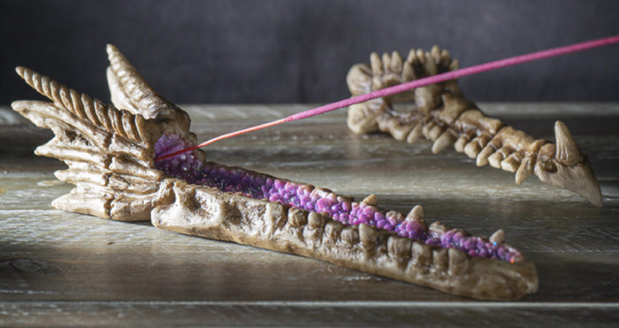 ebros gift Dragon Fossil Skull Skeleton Incense Burner Box With Purple Faux Crystal Geode