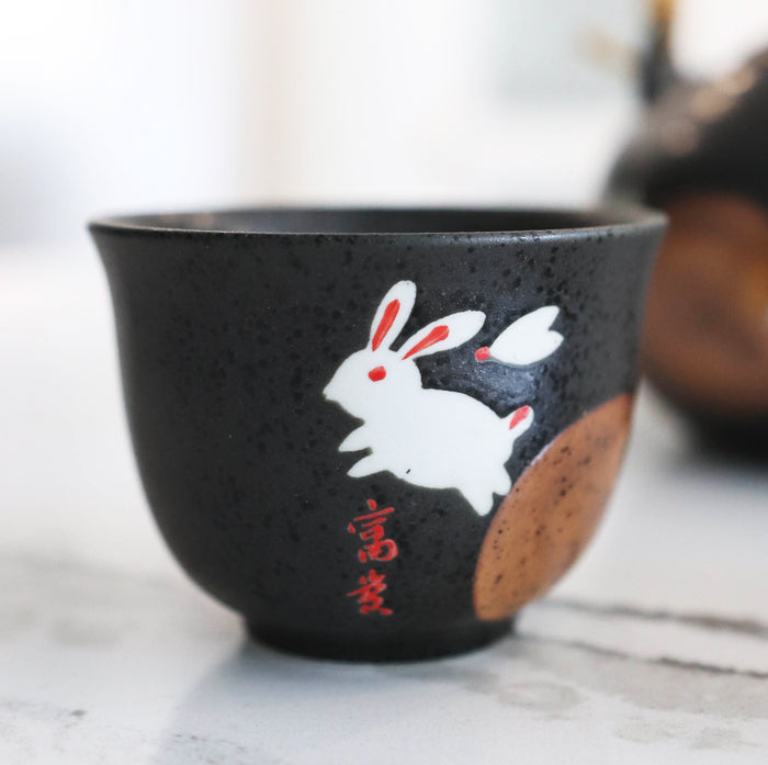Ebros Gift Eastern Folk Zen White Moon Rabbit Hare Black Ceramic Tea Pot With 4 Cups Set