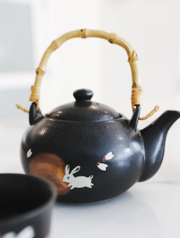 Ebros Gift Eastern Folk Zen White Moon Rabbit Hare Black Ceramic Tea Pot With 4 Cups Set