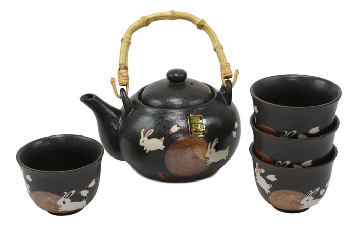 Ebros Gift Eastern Folk Zen White Moon Rabbit Hare Black Ceramic Tea Pot With 4 Cups Set