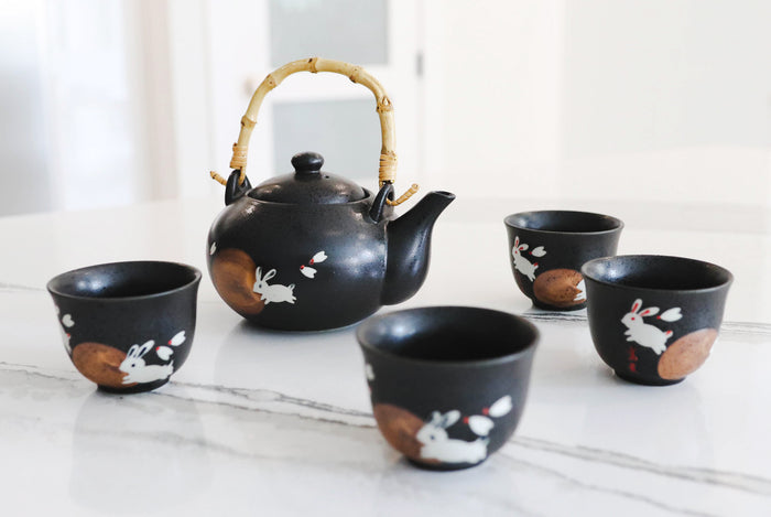 ebros gift Eastern Folk Zen White Moon Rabbit Hare Black Ceramic Tea Pot With 4 Cups Set