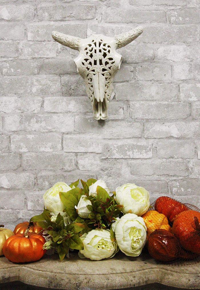 Ebros Gift Ebros 10.5" Wide Southwest Off White Steer Bison Buffalo Bull Cow Horned Skull Head With Lace Filigree Design Hanging Wall Mount Decor
