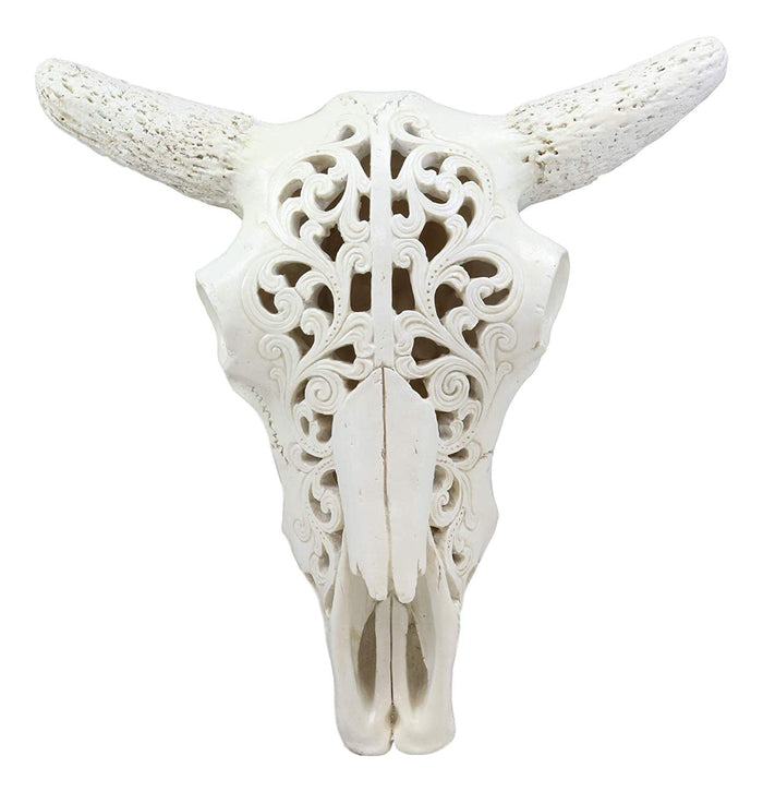 ebros gift Ebros 10.5" Wide Southwest Off White Steer Bison Buffalo Bull Cow Horned Skull Head with Lace Filigree Design Hanging Wall Mount Decor