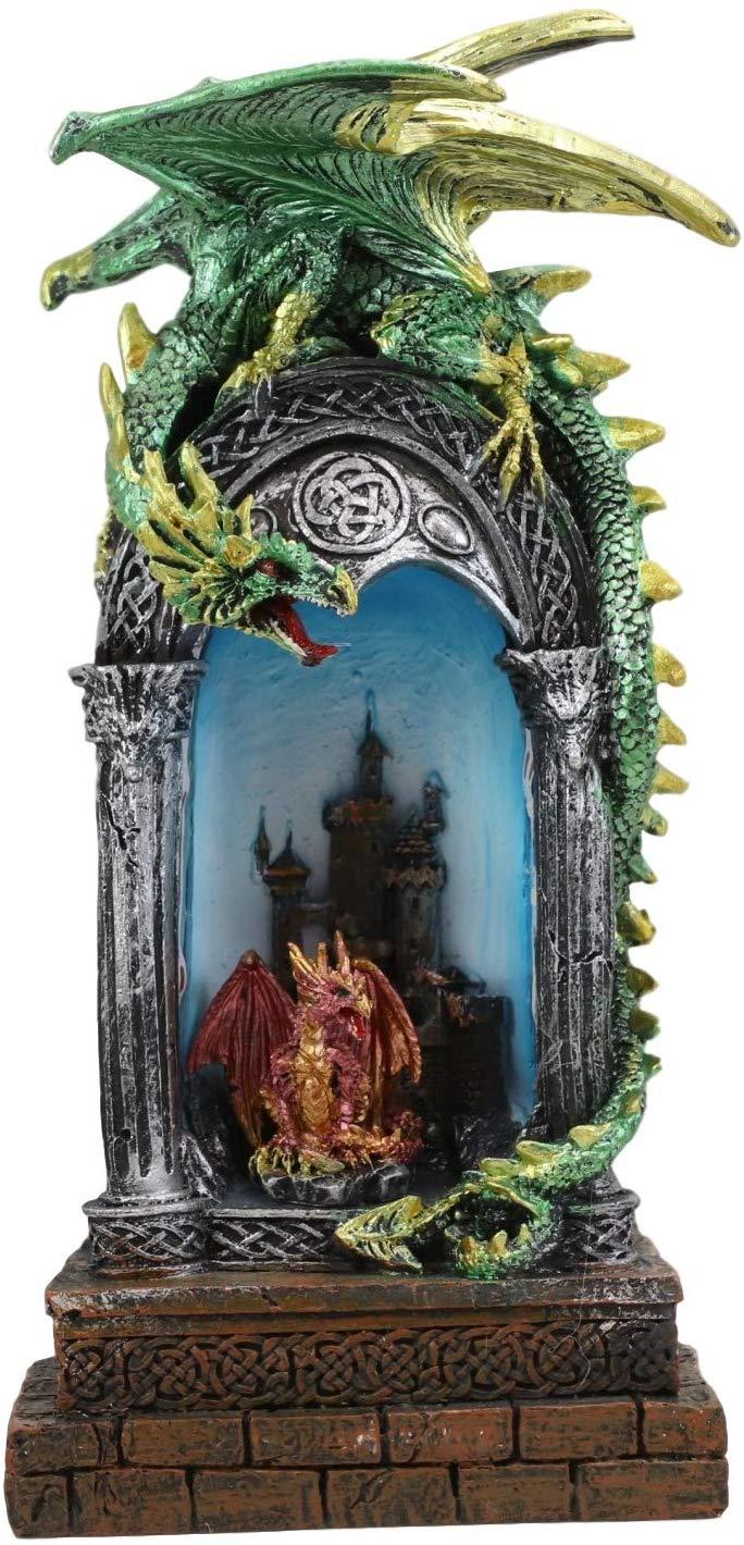 Ebros Gift Ebros 10.75"H Green Emerald Dragon On Celtic Columns Statue With LED Night Light