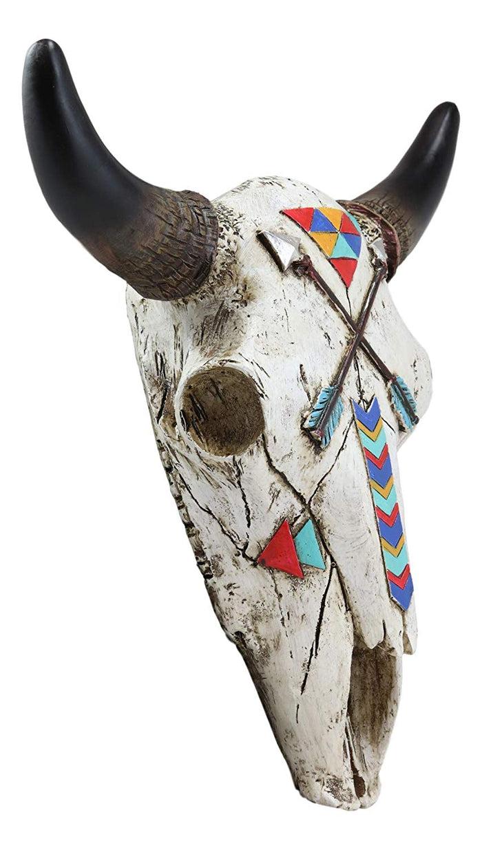 Ebros Gift Ebros 10.75" High Western Southwest Steer Bison Buffalo Bull Cow Horned Skull Head With Two Crossed Arrows And Geometric Pyramids Design Wall Mount Decor