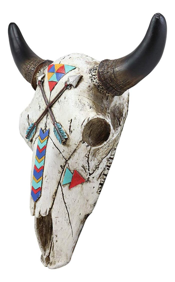 Ebros Gift Ebros 10.75" High Western Southwest Steer Bison Buffalo Bull Cow Horned Skull Head With Two Crossed Arrows And Geometric Pyramids Design Wall Mount Decor
