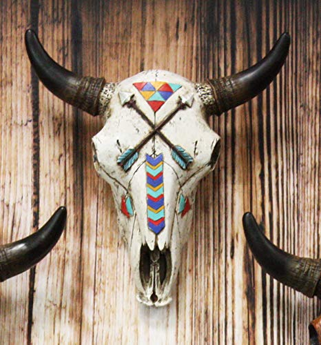 ebros gift Ebros 10.75" High Western Southwest Steer Bison Buffalo Bull Cow Horned Skull Head with Two Crossed Arrows and Geometric Pyramids Design Wall Mount Decor