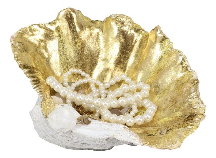 Ebros Gift Ebros 10" L Golden Nautical Giant Clam Shell Jewelry Dish Bowl Holder Statue