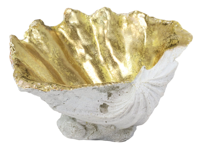 Ebros Gift Ebros 10" L Golden Nautical Giant Clam Shell Jewelry Dish Bowl Holder Statue