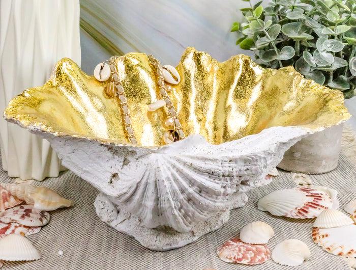 ebros gift Ebros 10" L Golden Nautical Giant Clam Shell Jewelry Dish Bowl Holder Statue